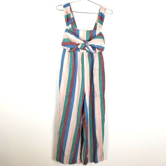 Madewell Women Linen Blend Cropped Jumpsuit Sz 10 Flagstaff Candy Stripes Boho - Picture 1 of 8